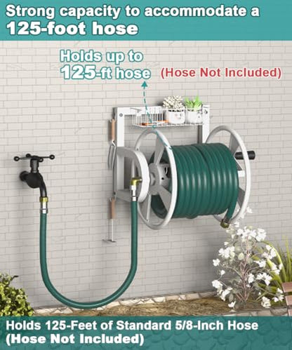 Artigarden Outdoor Wall Mounted Hose Reel with Hook, Garden Heavy-Duty Water Hose Holder Winder with 3.9 ft Leader Hose, Brass Fitting and Storage Basket for Yard, Holds 125 Ft of 5/8-Inch Hose, White - color: White