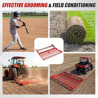 48" Heavy Duty Baseball Field Drag Harrow, Infield Groomer for Baseball & Softball Fields, Levels Dirt, Clay & Gravel Driveway, Fills Low Spots, ATV/utv Towable, Field Maintenance Tool