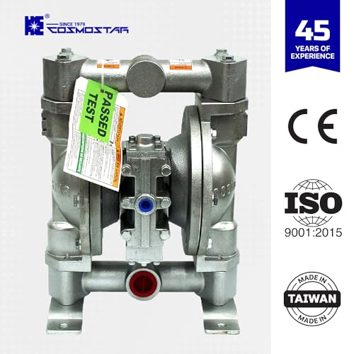 COSMOSTAR D0906 1" Double Air Diaphragm Pump - Aluminum Body, Teflon Ball, Seat and Diaphragm With Muffler - Chemical, Waste Oil, Pneumatic Oil Pump - size: D0906 1" Aluminum