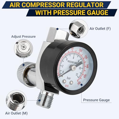 Air Adjusting Valve Regulator with Gauge, 1/4" NPT, 0-180 PSI for Air Tools