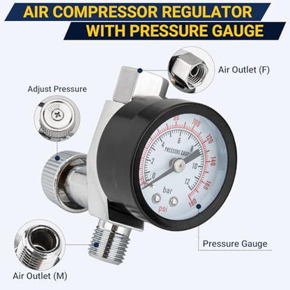 Air Adjusting Valve Regulator with Gauge, 1/4" NPT, 0-180 PSI for Air Tools