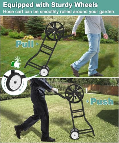 Artigarden Garden Hose Reel Cart with Wheels, Outdoor Heavy Duty Powder Coated Steel Water Winder Storage Holds 125 ft 5/8" Hoses with 3.9ft Leader Hose and Basket for Backyard, Yard, Lawn, Black - color: Black