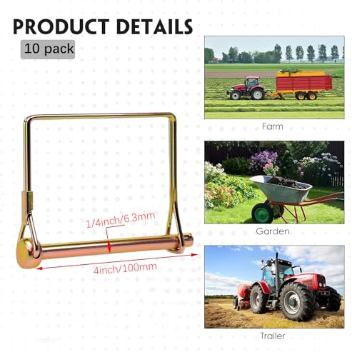 10 Pack 1/4x4 Inch Trailer Coupler Pin Heavy Duty Wire Lock Pin PTO Shaft Locking Hitch Pin Safety Towing Hitch Pin Trailer Accessories for Farm Trailers Wagons Lawn Garden (Gold) - color: Gold