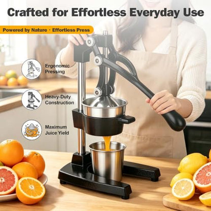 Cast Iron Orange Juicer Squeezer Hand Press Heavy Duty Countertop Squeezer Manual Citrus Juicer with a Stainless Steel Cup for juicing oranges, lemons, pomegranates, limes, citrus, etc（Black） - color: Black