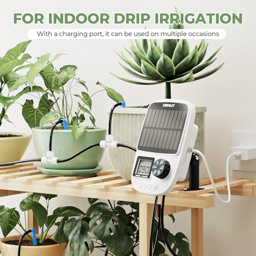 HIRALIY Solar Automatic Drip Irrigation System, Solar Powered Watering Device with Timer for Pots Plants, Drip Emitter Stake, with USB Port, for Indoor Irrigation Kit