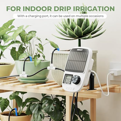HIRALIY Solar Automatic Drip Irrigation System, Solar Powered Watering Device with Timer for Pots Plants, Drip Emitter Stake, with USB Port, for Indoor Irrigation Kit