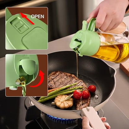 YARRAMATE Olive Oil Dispenser, 2 in 1 Oil Sprayer for Cooking, 16oz/470ml Glass Oil Spray Bottle with Pourer, Food-grade Oil Dispenser and Oil Sprayer for Kitchen, Salad, Frying, BBQ (Black & Green) - color: 07_2Pcs Black&Green