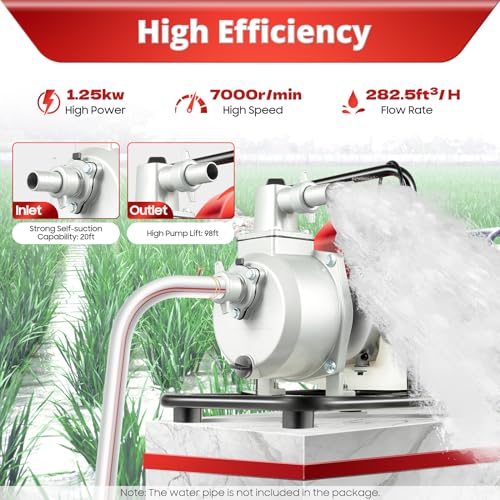 Gas Gasoline Water Pump, 43CC 2HP 7000rmp 2-Stroke Industrial Water Pump Air-Cooled Gasoline High Pressure Pump for Irrigation Pool, Landscaping or Gardening Irrigation
