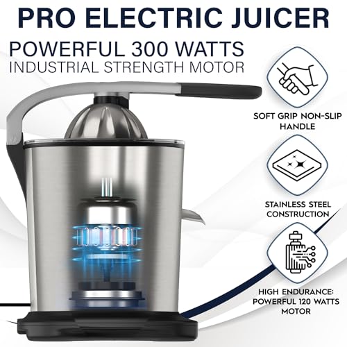 Eurolux Power-Pro Premium Electric Citrus Juicer - With 300 Watts of Power, The Most Powerful Juicer, For An Easy Smooth Juicing Experience | New Updated Design - color: Stainless Steel, size: Pro XL Size