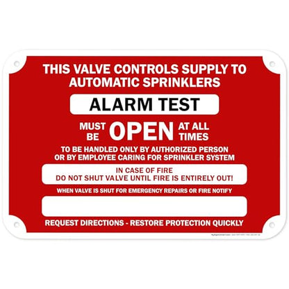 This Valve Controls Supply To Automatic Sprinklers Alarm Test Sign, 12x18 Inches, 55 mil thick HDPS (high density polystyrene), Made in USA by My Sign Center - size: 12x18 Polystyrene