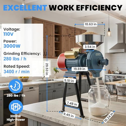 3000W Electric Grain Mill, Heavy Duty Wet ＆ Dry Grinder with Adjustable Thickness for Coarse to Fine Grinding, Commercial Flour Mill for Dry Corn Wheat Rice Soybeans - size: Dry and Wet - Grayish blue