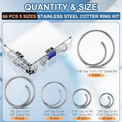 66 Pcs 316 Stainless Steel Cotter Ring Kit, 5 Sizes, Marine