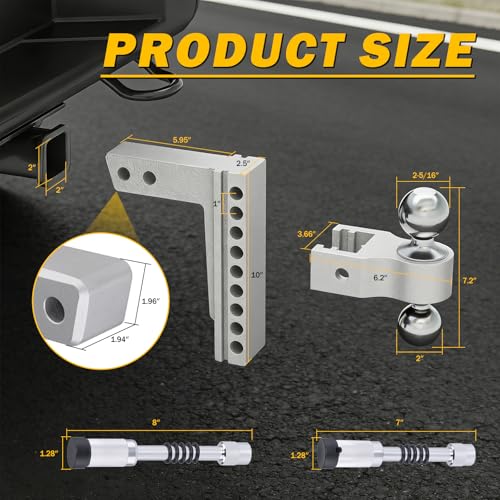 Aluminum Adjustable Trailer Hitch for 2-Inch Receiver 8 Inch Drop/Rise Hitch Ball Mount with 2" and 2-5/16" Ball Hitches Heavy Duty 12,500 LBS GTW Towing Hitch - color: Silver-8Inch