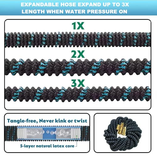 100 ft Expandable Garden Hose - Kink Free Flexible Water Hose 100ft with 10 Pattern Spray Nozzle, 3/4 Solid Brass Connectors, Retractable Latex Core - Lightweight Expanding Hose - size: 100FT