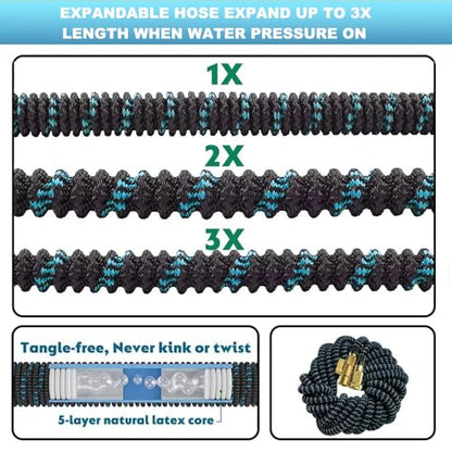 100 ft Expandable Garden Hose - Kink Free Flexible Water Hose 100ft with 10 Pattern Spray Nozzle, 3/4 Solid Brass Connectors, Retractable Latex Core - Lightweight Expanding Hose - size: 100FT