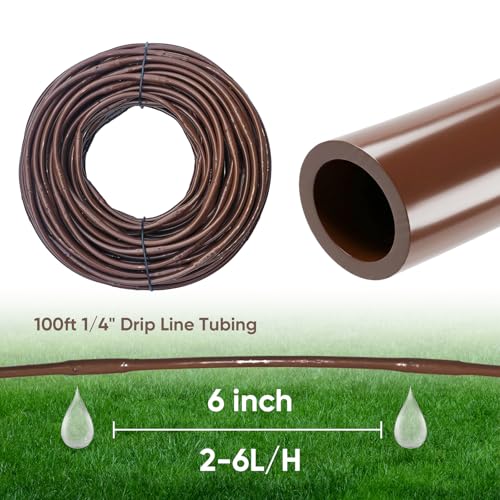 100FT 1/4" Irrigation Dripline Tubing with 6" Emitter Spacing for Gardens