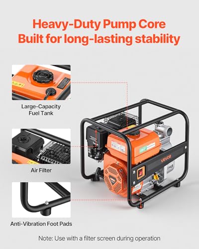 VEVOR Gas Powered Water Pump, 2 in, 158 GPM 7HP Semi Trash Water Transfer Pump Portable, Gasoline Engine with 25 ft Discharge Hose, Heavy Duty Frame, Cast Iron Impeller, for Irrigation, Ponds, Pools - size: 2in 7.0 HP 158GPM