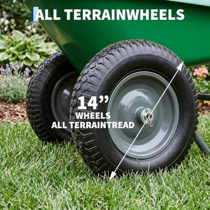 Garden Cart Trolley Heavy Duty 4 Wheel Utility Wagon, Iron and Plastic Dump Cart with Padded Handle for Lawn Yard Outdoor, Green Gardening Tool Carrier for Moving Plants Soil Mulch, 150kg Capacity
