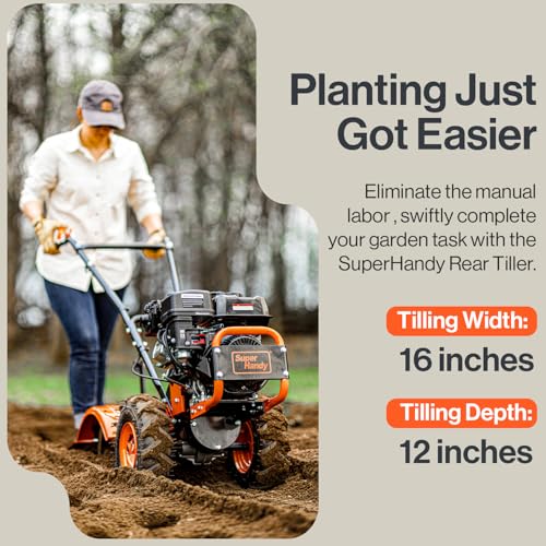SuperHandy Tiller Cultivator – 7HP 209cc Engine, Adjustable Tilling Width & Depth, Heavy-Duty Steel Tines for Garden Soil Prep, Landscaping & Weed Removal (Rear Tine Tiller) - style: Rear Tine Tiller