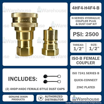 Genuine Dixon H-Series 1/2" ISO-B Hydraulic Quick Disconnect Kit - (1ct.) 4HF4-B | (1ct.) H4F4-B | (2ct.) 4HDP-H4DC – Brass | Female NPTF QDC | 3000 PSI Working Pressure (1/2" x 1/2" FNPTF) - size: 1/2" x 1/2" FNPTF