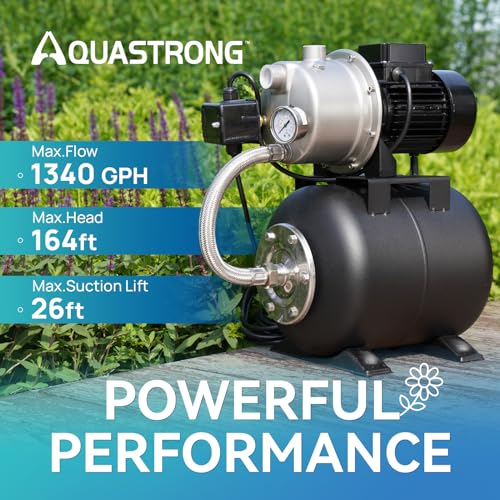 Aquastrong 115V Shallow Well Garden Pump, Stainless Steel, 1320 GPH, Automatic Water Booster Jet Pump for Home, Garden, Lawn,Irrigation,1.6 HP with Pressure Tank - color: Nsf Black