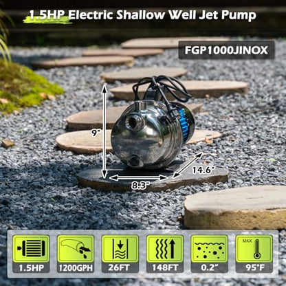 FLUENTPOWER Shallow Well/Deep Garden Pump, 1.5HP 1200GPH Portable Water Booster Jet Pump for Home, Garden, Lawn, Sprinkler Irrigation, Water Transfer, Stainless Steel - size: 1.5HP Shallow/Deep Well
