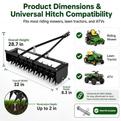 32 Inch Tow Behind Spike Aerator with 200 lb Weight Capacity