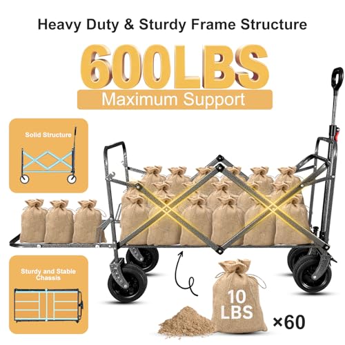 Collapsible Folding Wagon with Tailgate and Brake, Duty Utility Cart - color: Yellow, size: Large with Tailgate