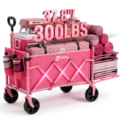 Sekey Collapsible Wagon Cart with Drop-Down Tailgate, 300 lb Capacity - color: Pink