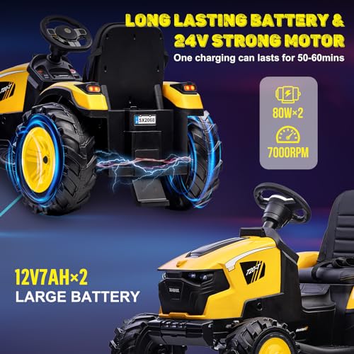 3 in 1 Ride on Tractor, 24V Ride on Toy for Big Kids, Excavator Bulldozer - Battery-Powered Electric Vehicle w/Trailer, Digger, Remote Control, LED Lights, Music, USB, Battery Powered, Yellow - color: Yellow