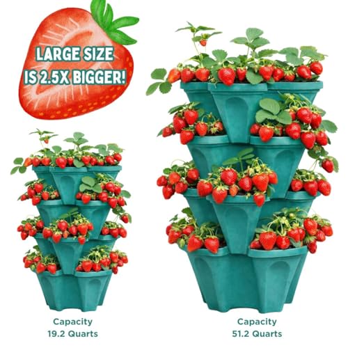 Large Vertical Planter Tower, 4 Tier Stackable Garden Planter, 16 Plant Sites, Heavy Duty Strawberry Planter, Vertical Growing System with Center Hole, Made in USA (Mineral Teal, Large) - color: Mineral Teal, size: Large