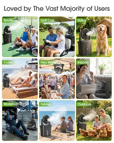 Ausic 2026 Upgraded 10″ 9L Oscillating Portable Misting Fan With Light, [Max 55Hrs] Golf Cart Mister Fan for Outside Patios, Outdoor Rechargeable Battery Operated Water Cool Fan-3 Spray Misters - color: Black