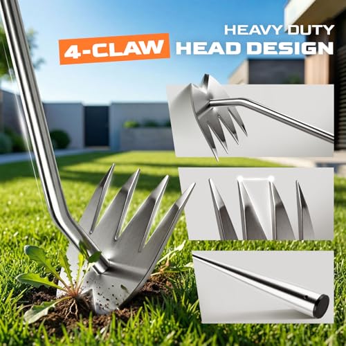 Weed Puller Tool, Heavy-Duty Stainless Steel Garden Hand Weeding Tool - size: 4-tooth