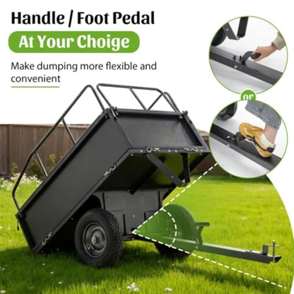 600 LBS Utility Trailer, 17 Cubic Feet Heavy Duty Steel Dump Cart Garden Trailer with Removable Sides,Hand Pull or Foot Pedal Garden Dump Cart for ATV, UTV, Lawn Mowers and Tractors