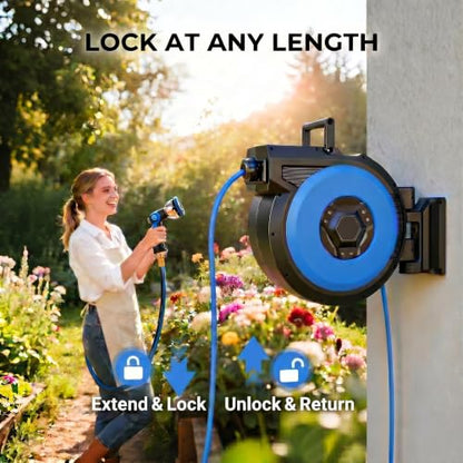 Homdox Retractable Garden Hose Reel 5/8 in x 82ft, Wall Mounted Automatic Water Hose Reel, 10 Pattern Nozzle, Auto Rewind and Lock at Any Length, 180°Swivel Bracket, UV Resistant - size: 5/8'' 82FT