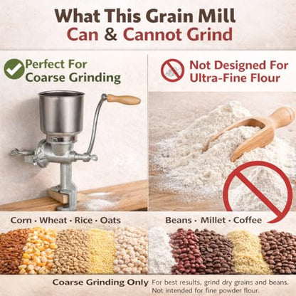 Heavy Duty Cast Iron Grain Mill - 7.5lb Hand Crank Manual Grinder with Table Clamp for Corn, Wheat, Oats & Home Brewing
