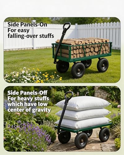 GarveeTech 1200LBS Heavy Duty Steel Garden Cart, Garden Wagon Cart on Wheels, Metal Yard Utility Wagon with Removable Mesh Sides, 13" All Terrain Tires, 180° Rotating Handle for Lawn, Garden, Farm - color: Green