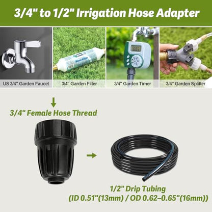8 Pack 3/4" Garden Hose To 1/2" Irrigation Tubing Adapter, 1/2 Inch Drip Irrigation Tubing To Faucet Garden Hose Adapter 3/4 Inch FHT To 1/2 Inch Supply Line Adapter Fittings - size: 3/4" to 1/2" Tube Adapter-8P