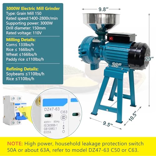 NAIZEA Grain Mills Wet Dry Cereals Grinder, Electric Corn Grain Mill Grinders, Heavy Duty 3000W 110V Commercial Grain Machine, Wheat Feed Flour Mill with Funnel (Dry & Wet Grinder) - color: Dry & Wet Teal