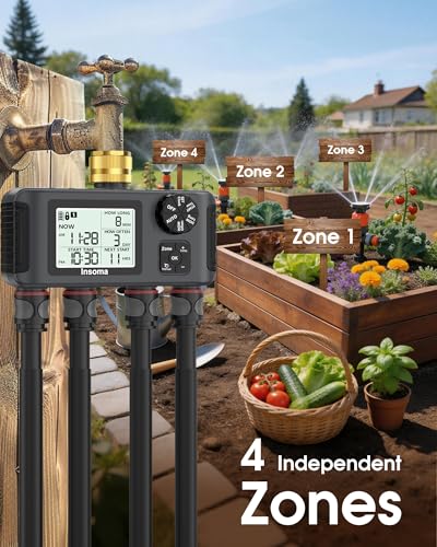 Insoma 4 Zones Sprinkler Timer with Brass Inlet & Outlet, Water Timer for Garden Hose with Auto/Manual/Rain Delay Mode, Hose Timers for Irrigation Watering System for Yard, Lawn, Plant Watering - size: 4 Outlets