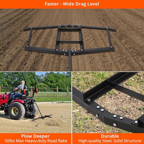 Takywep Heavy Duty Lawn Leveling Rake with Drag Harrow, 48-72" Adjustable Width, 4FT Reinforced Chain, Tow-Behind Grader for ATV UTV Tractor Mower, Perfect for Gravel, Soil, Yard and Lawn Landscaping - size: 74 in, Link