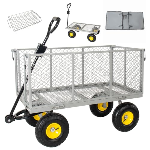 Heavy Duty Garden Wagon Cart, Flatbed Garden Cart, Outdoor Yard Farm Carts, 3 in 1 Utility Pull Wagon with Removable Sides, 880 lbs Capacity, 10 Inch All Terrain Rubber Wheels (Gray) - color: Gray