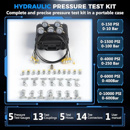 Hydraulic Pressure Test Kit 5 Gauges 10000 PSI 13 Couplings 5 Hose