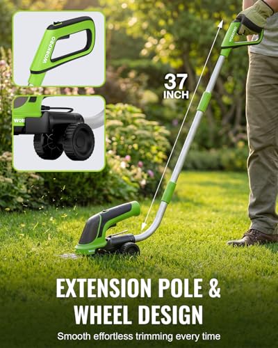 WORKPRO 3-in-1 3.6V Cordless Hedge Trimmer with 37" Wheeled Extension Pole - size: Long Handle Grass Shear