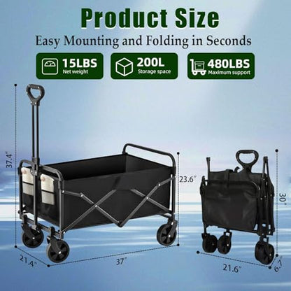 Collapsible Wagon Cart Foldable 37" L 480lbs Capacity, Heavy Duty Beach Wagon, Shopping Carts with Wheels for Grocery, Camping, Shopping, Fishing, Garden Cart - size: 200L
