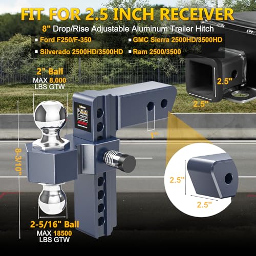 Adjustable Trailer Hitch, 8in Drop Hitch (for 2.5 Inch Receiver)