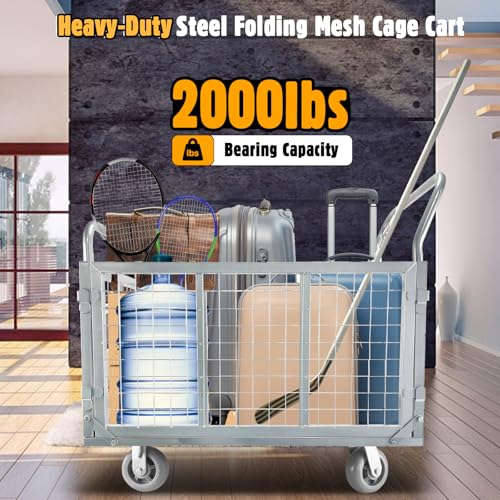 Platform Truck Cart with Cage, Multipurpose 6 in1 Foldable Flatbed Cart Heavy Duty Push Cart Dolly W/Swivel Wheels 2000lbs Capacity Utility Hand Cart for Grocery/Laundry/Stall/Storage - style: 39"x24" with High Fence