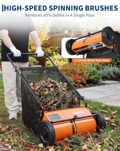 26" Push Lawn Sweeper, 7 Cu.Ft. Hopper, 3 V-Shaped Brushes, Height Adjustable - color: Orange, size: 26in
