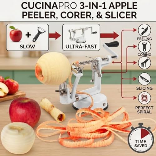 Apple Peeler and Corer, Durable Heavy Duty Chrome Cast Iron, Suction Base - color: White