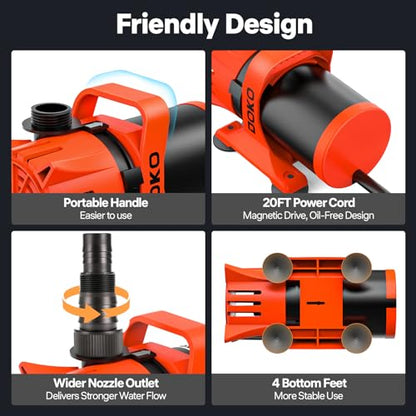 DOKO 5200GPH Submersible Water Pump, 180° Ajustable Pond Pump with 20FT Power Cord 310W Ultra Quiet Aquarium Pump for Pond, Fountain, Waterfall, Fish Tank, Hydroponic, Statuary, Orange Black - size: 310W 5200GPH